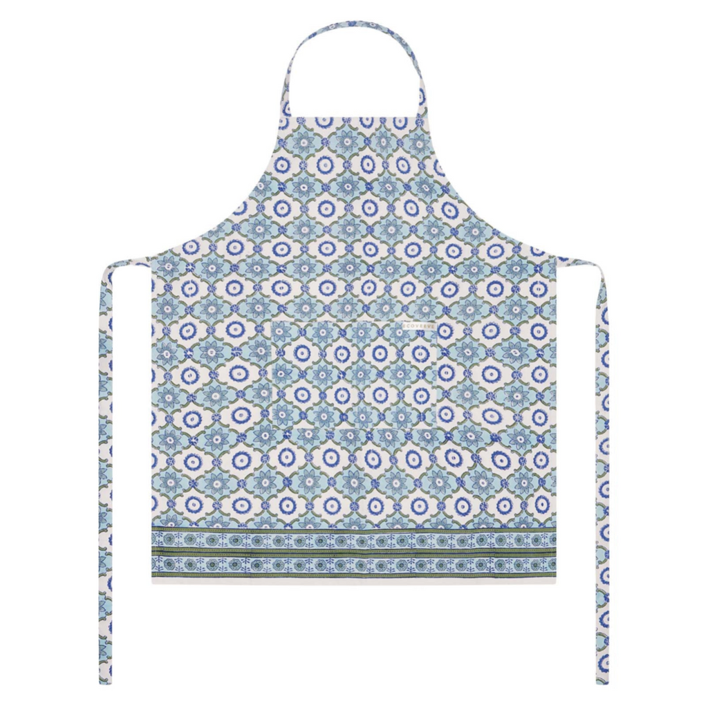 Patterned block printed apron on a white background