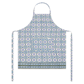 Patterned block printed apron on a white background
