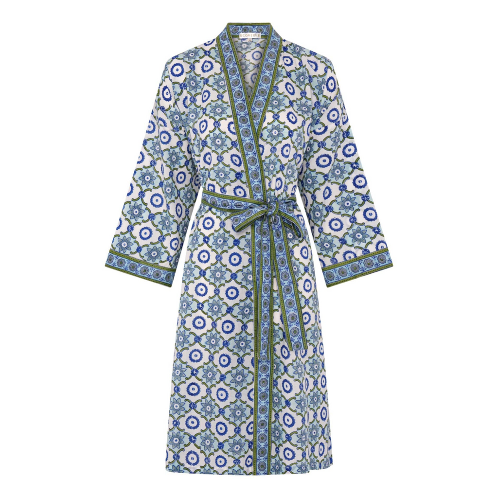 A hand block printed dressing robe with a floral pattern, predominantly in blue and white colors, with a sash belt.