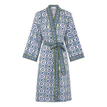 A hand block printed dressing robe with a floral pattern, predominantly in blue and white colors, with a sash belt.