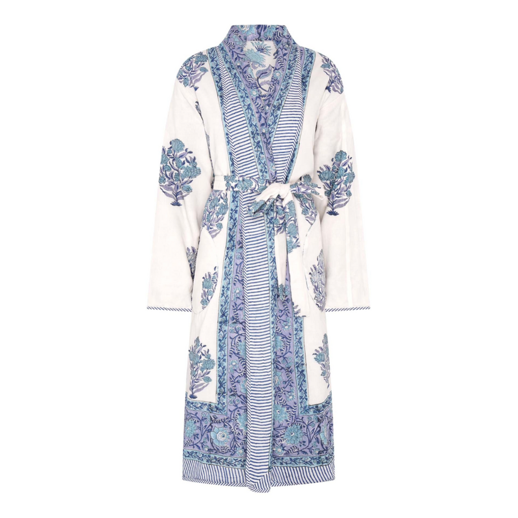 Reversible block printed floral patterned robe on a white background