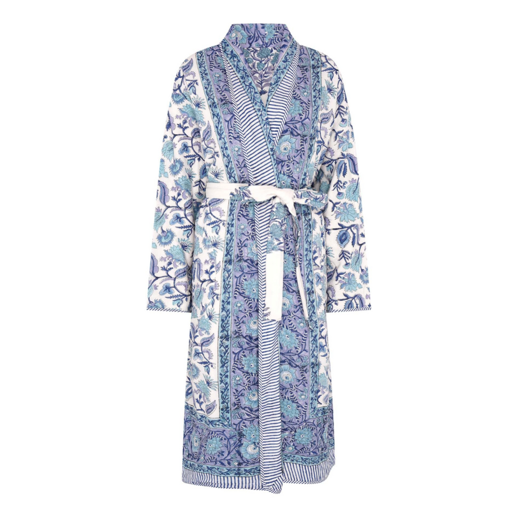 Reversible block printed floral patterned robe on a white background