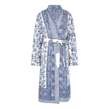 Reversible block printed floral patterned robe on a white background