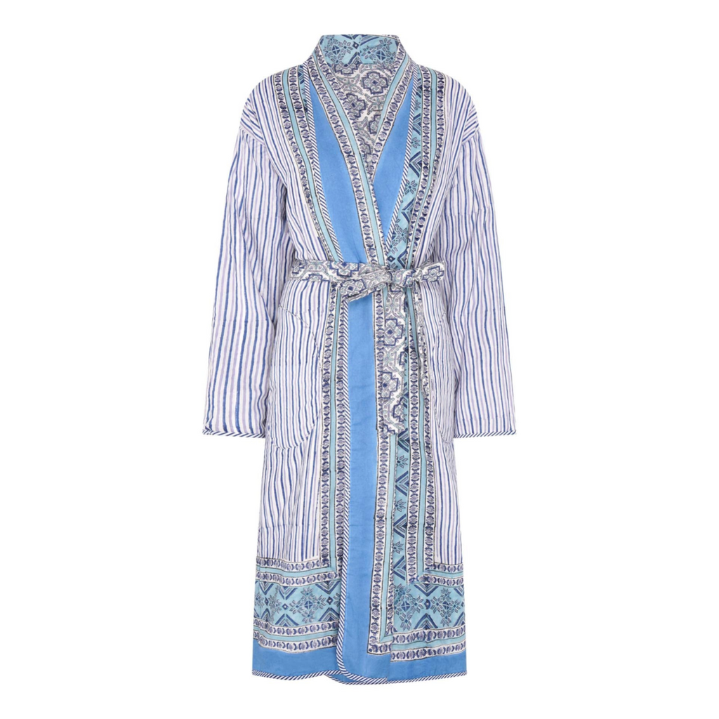 Reversible block printed robe with a blue stripe, floral and geometric design