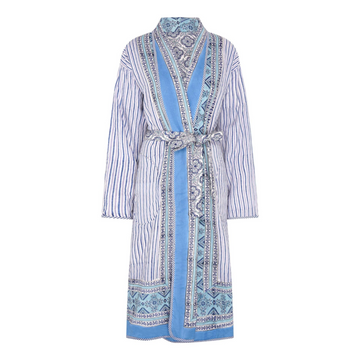 Reversible block printed robe with a blue stripe, floral and geometric design