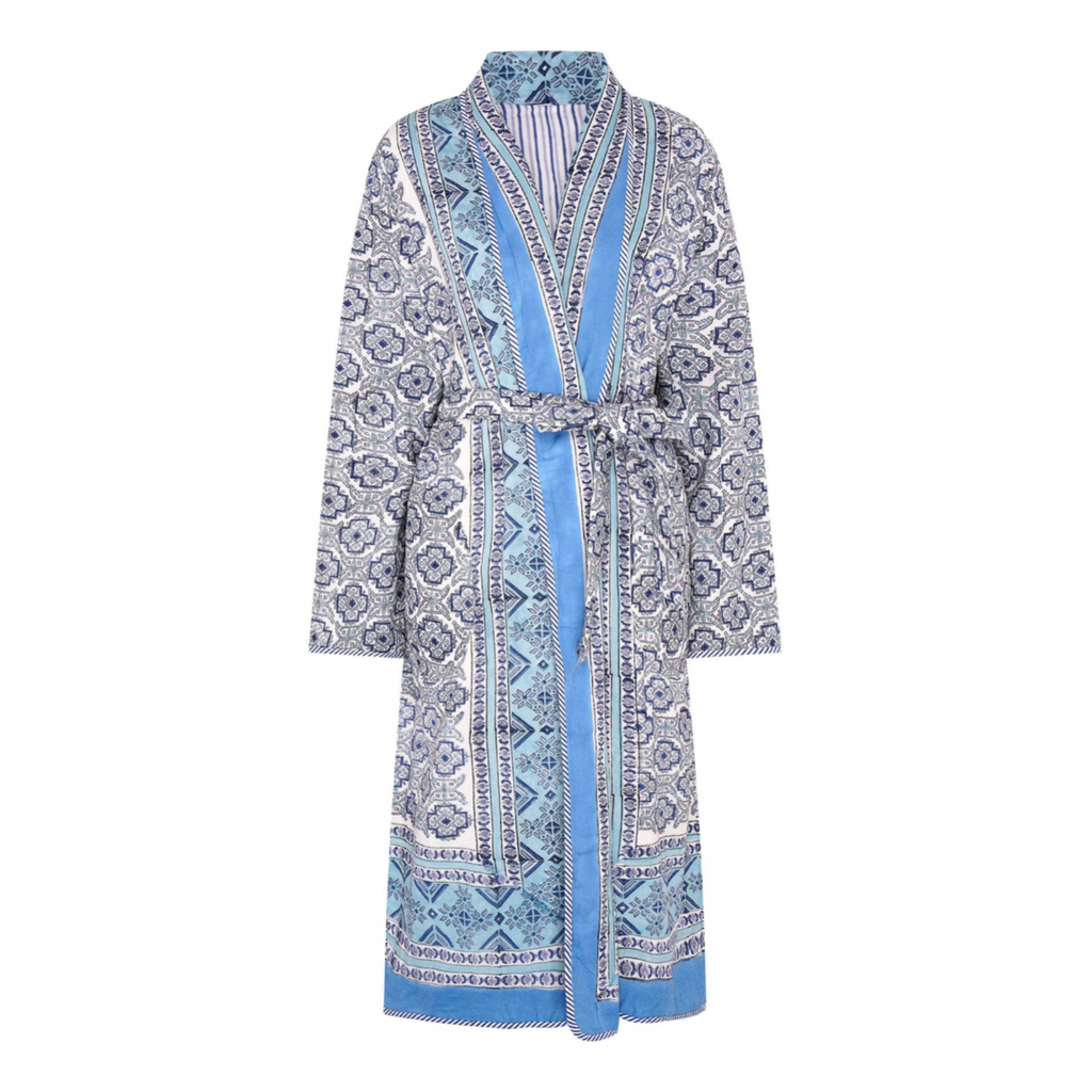 Reversible block printed robe with a blue stripe, floral and geometric design