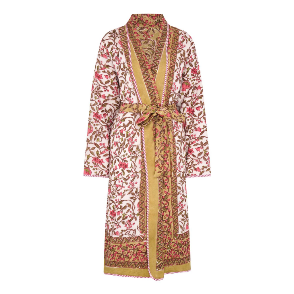 Reversible block printed robe in a dark yellow and red floral pattern with geometric details