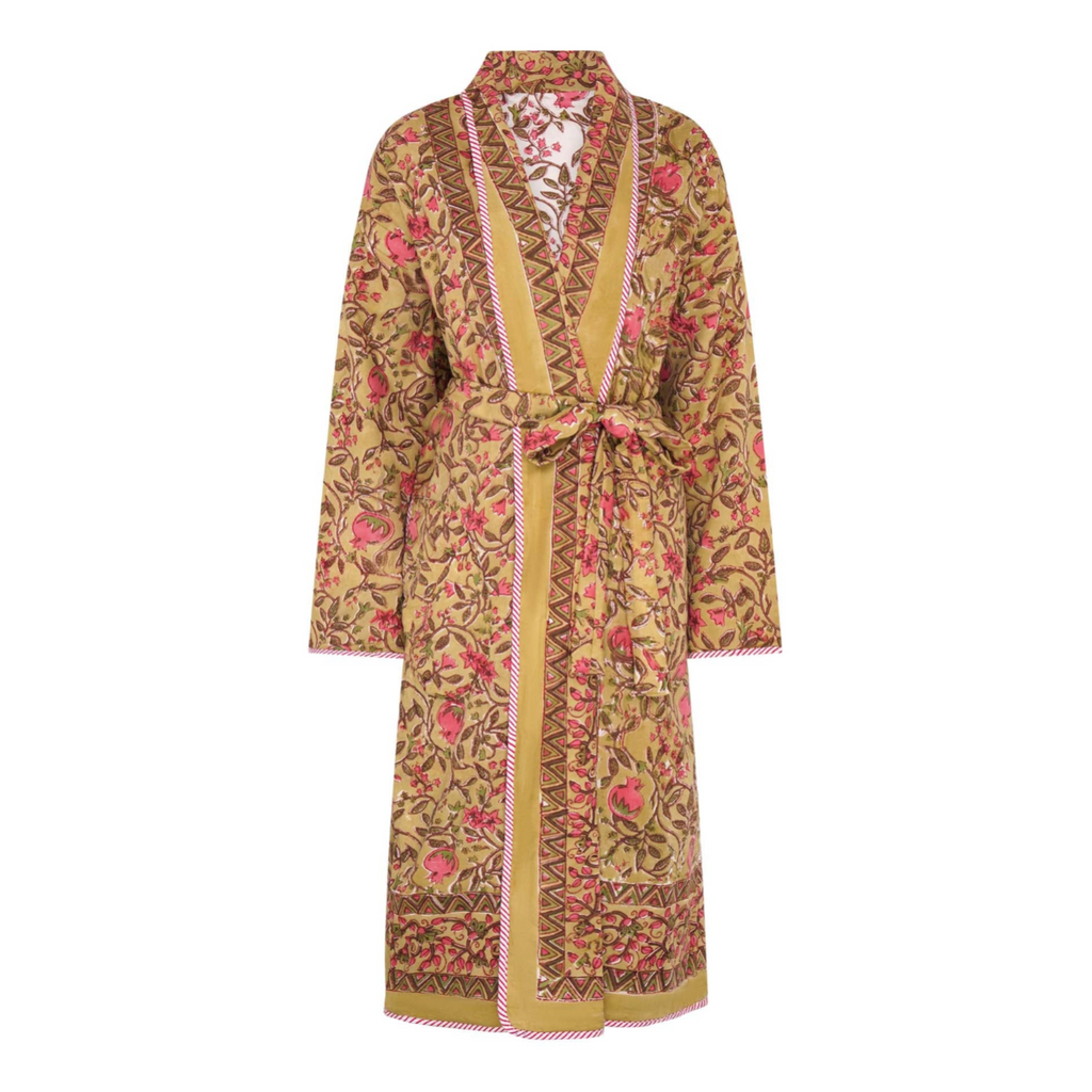 Reversible block printed robe in a dark yellow and red floral pattern with geometric details