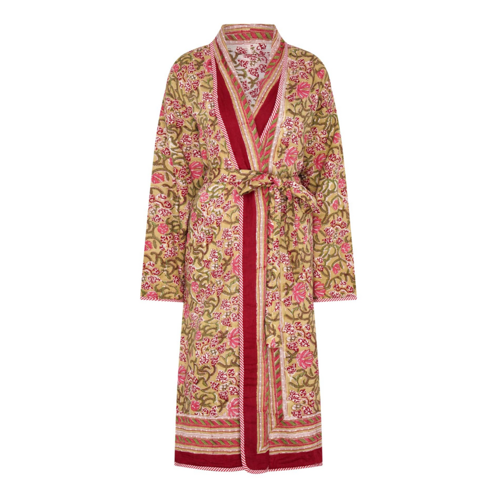 Floral patterned reversible block printed robe with red accents on a white background