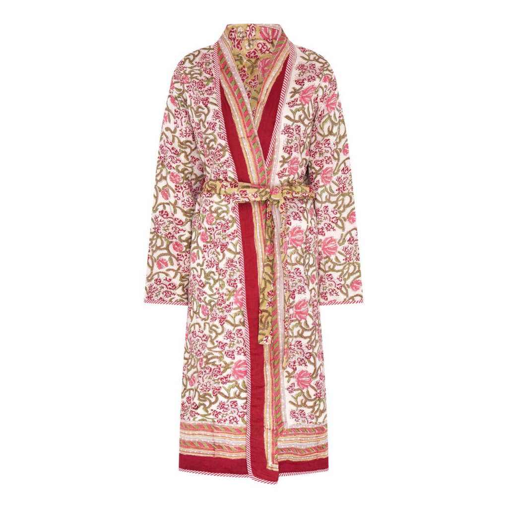 Floral patterned reversible block printed robe with red accents on a white background