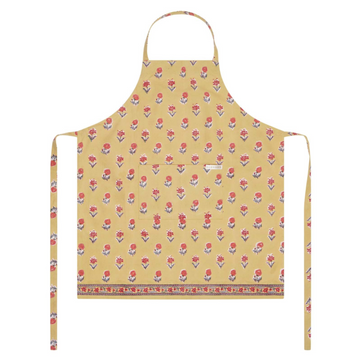 Yellow block printed apron with floral pattern on a white background