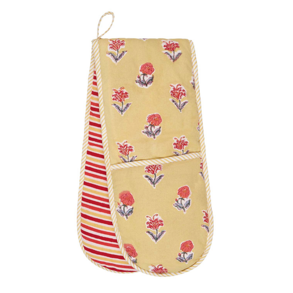 Block printed floral and stripe Haldi Oven Glove in red and yellow