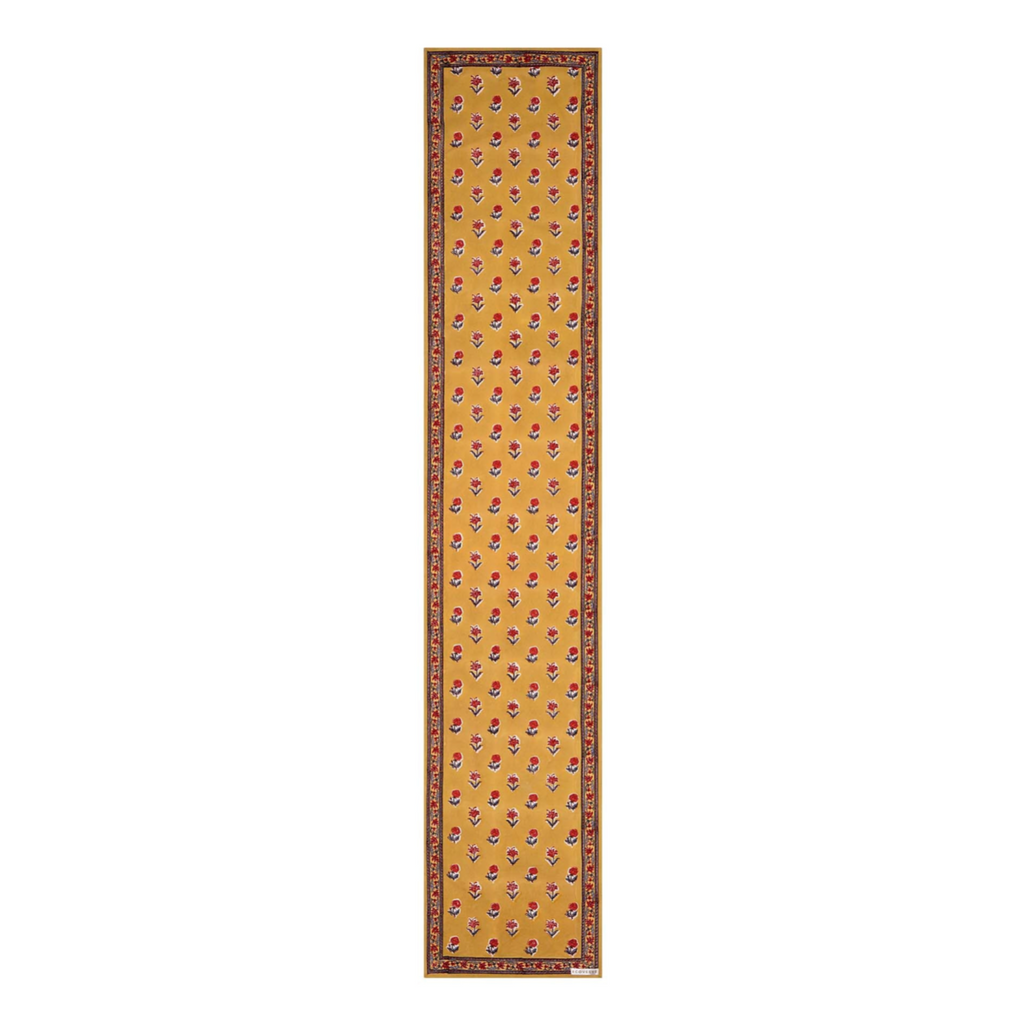 Block-printed Haldi table runner in yellow and red
