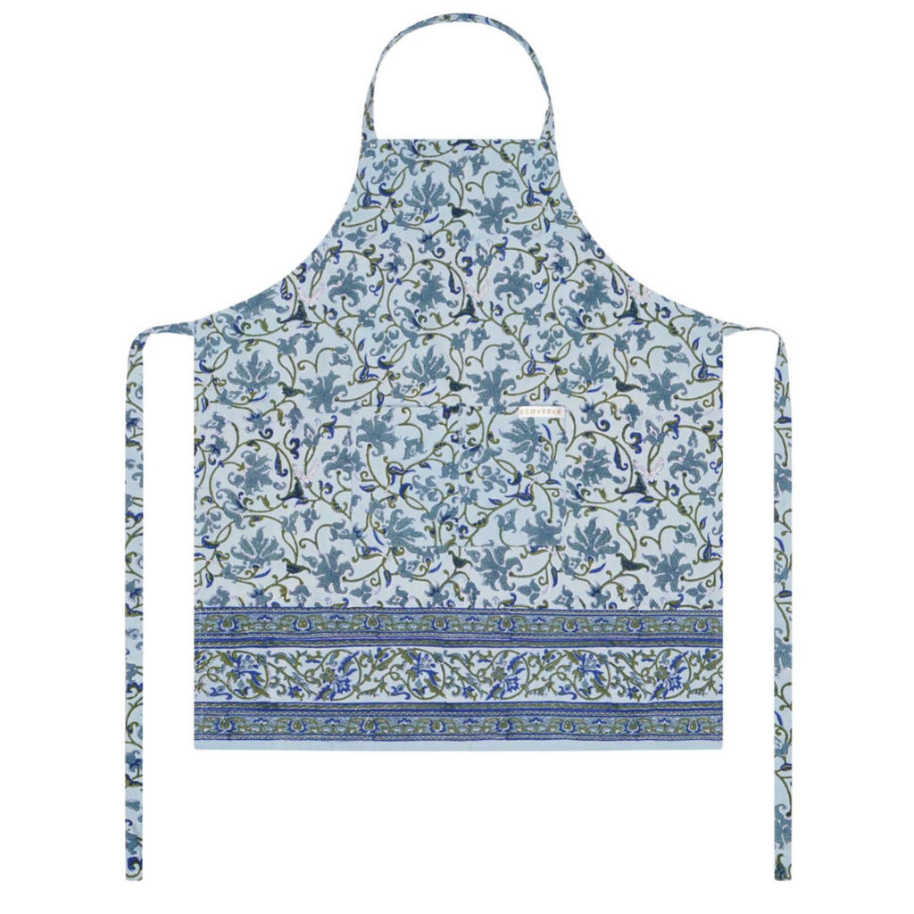 Floral patterned block printed apron on a white background