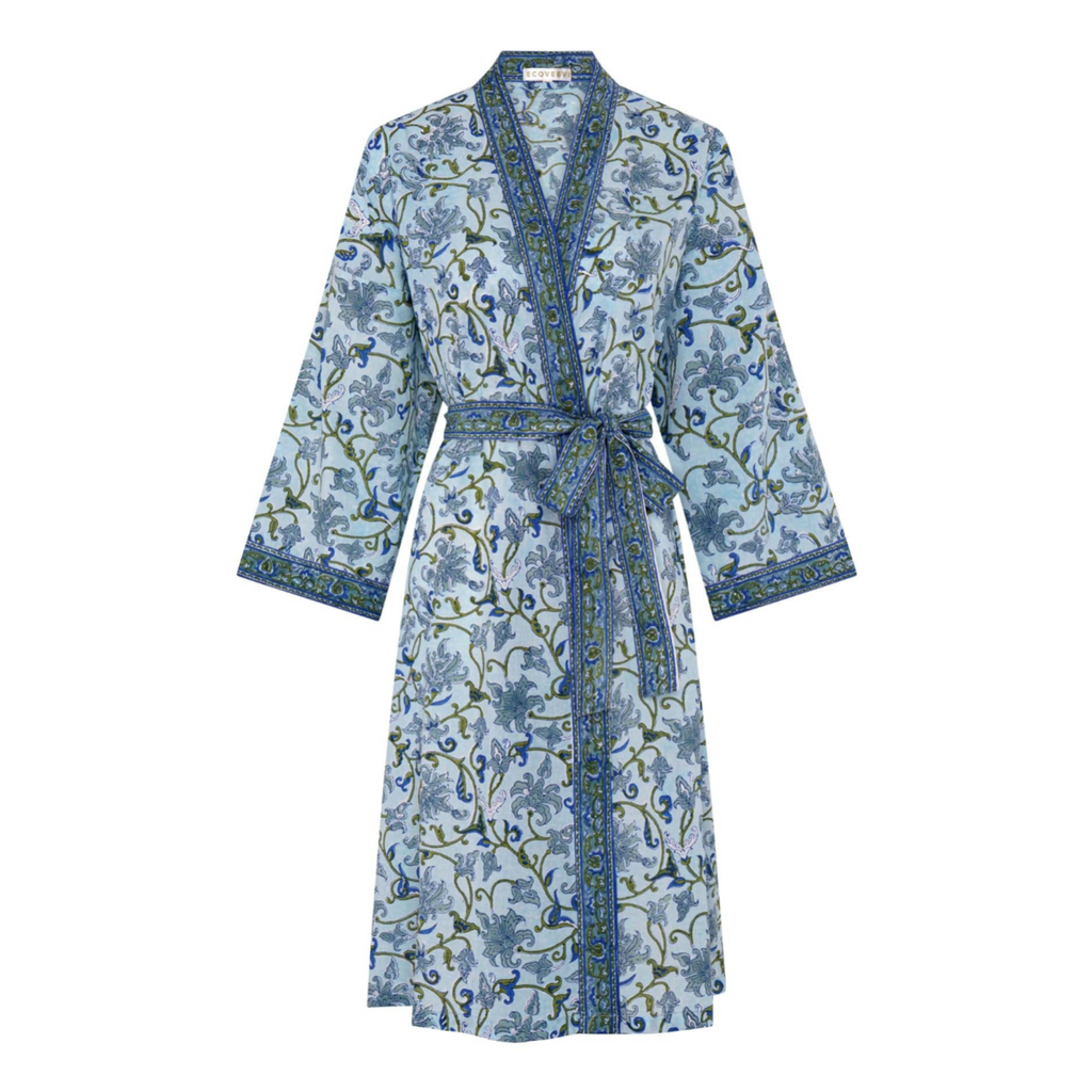 A hand block printed dressing robe with a floral pattern in blue and green colors, made from cotton.