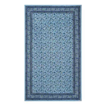 A rectangular tablecloth with a sky blue base and an intricate floral jaal pattern, displayed on a white background.