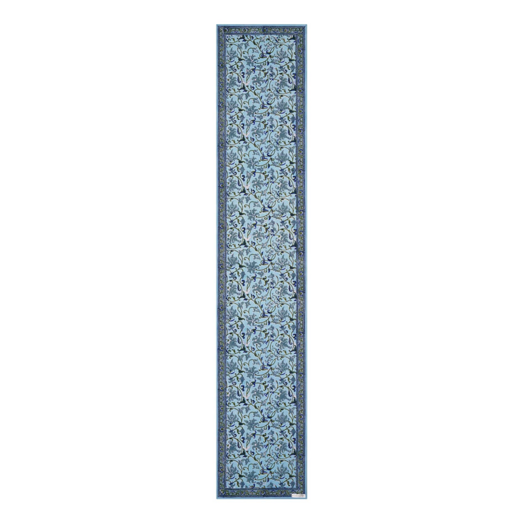 Block printed Jheel table runner in blues and greens