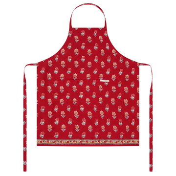 Red block printed apron with a floral pattern on a white background