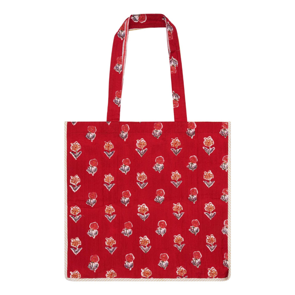 Red block-printed cotton tote bag with contrast trim and a floral design