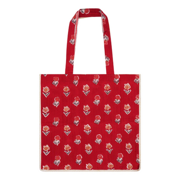 Red block-printed cotton tote bag with contrast trim and a floral design