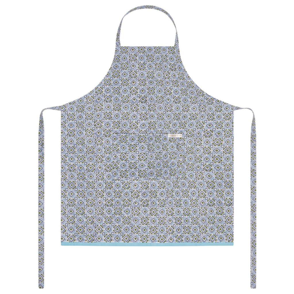 Patterned block printed apron on a white background