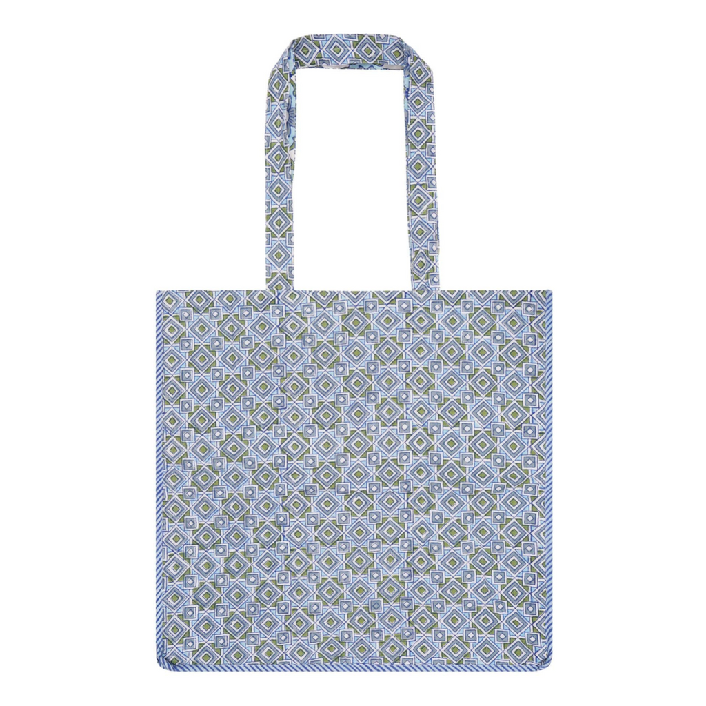A cotton block-printed tote bag with contrast trim and a geometric design