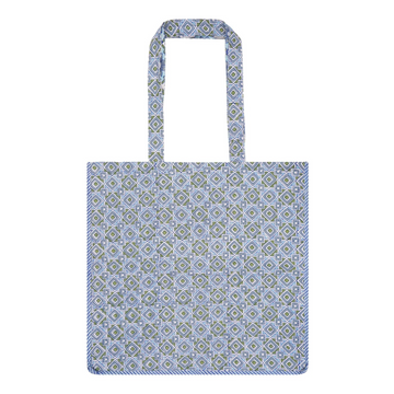 A cotton block-printed tote bag with contrast trim and a geometric design