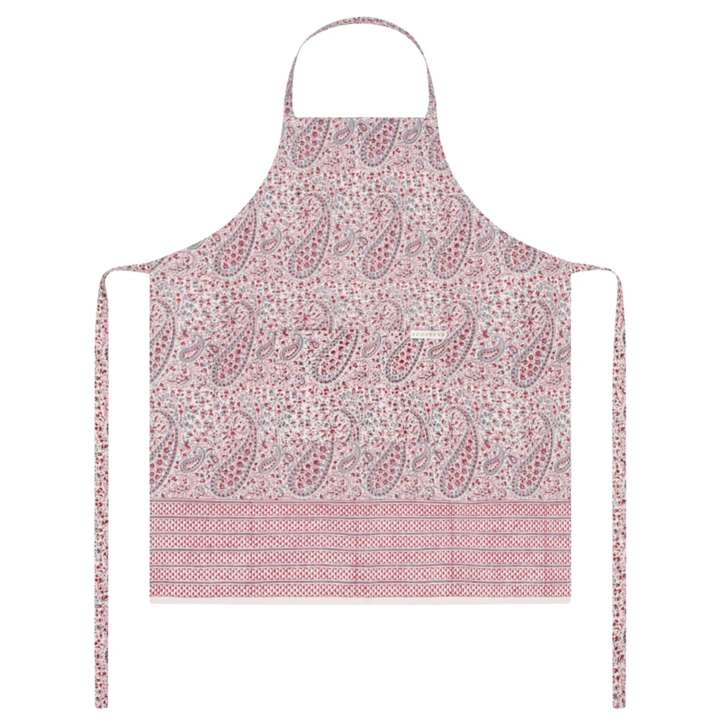 Pink paisley patterned block printed apron on a white background