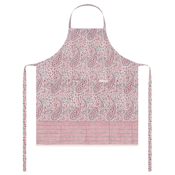 Pink paisley patterned block printed apron on a white background