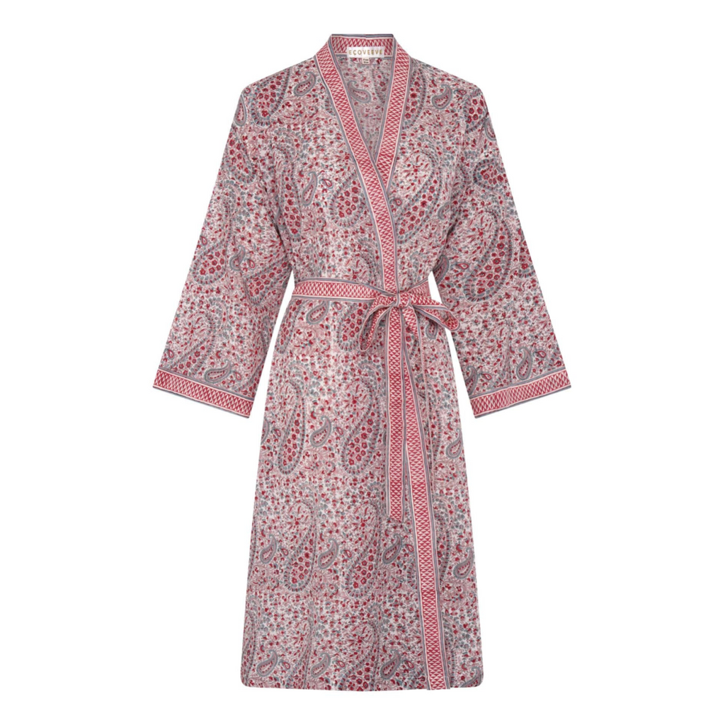 A pink and red hand block printed dressing robe with a belt, displayed on a plain background
