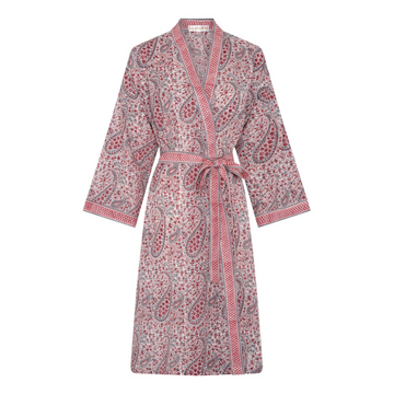 A pink and red hand block printed dressing robe with a belt, displayed on a plain background