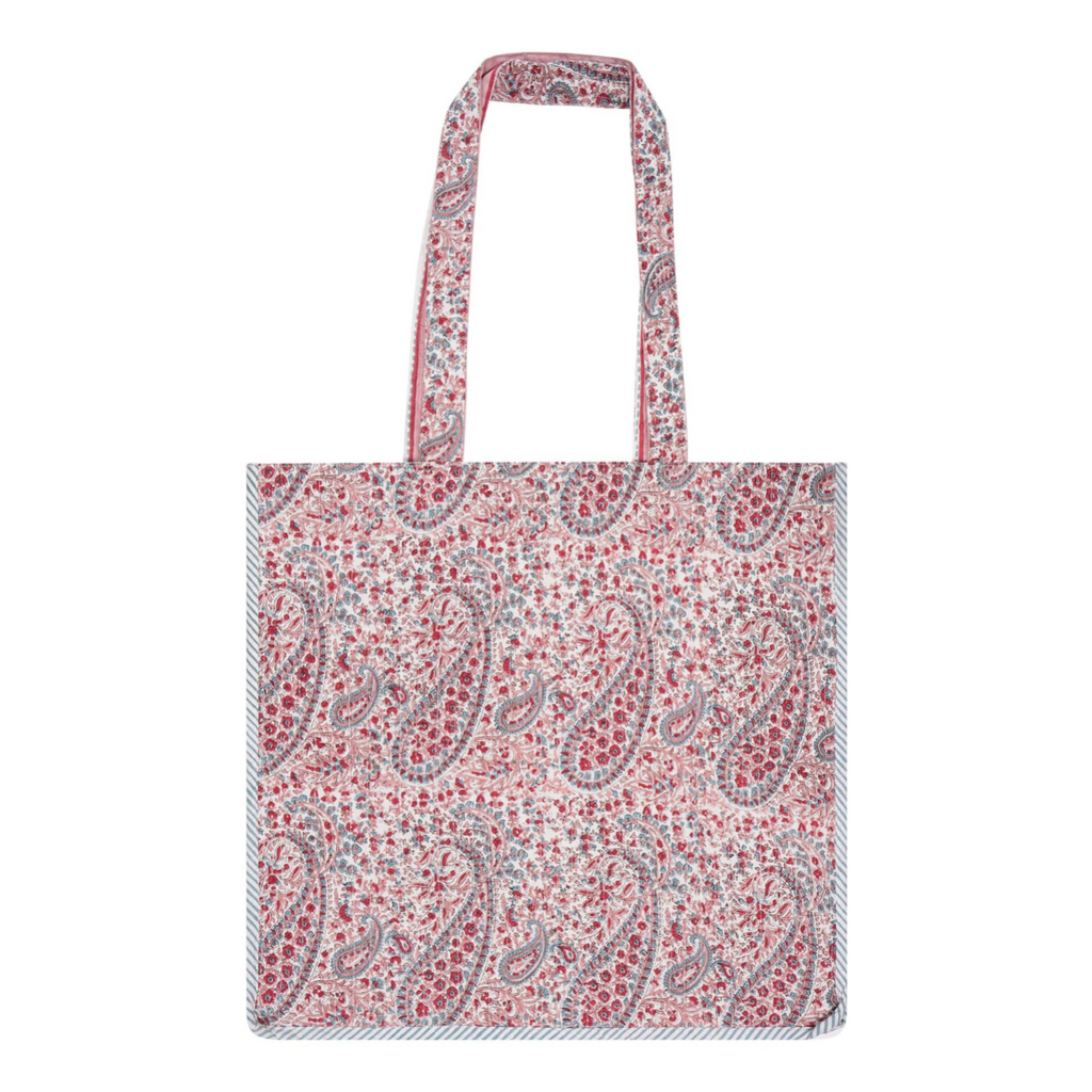 A pink paisley block-printed cotton tote bag with contrast trim