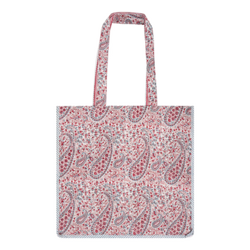 A pink paisley block-printed cotton tote bag with contrast trim