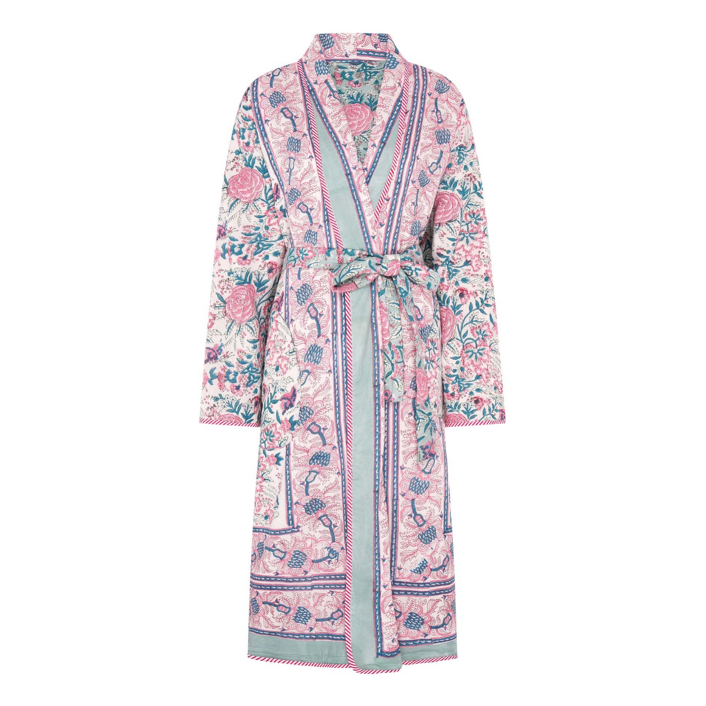 Reversible pink and green floral block printed robe