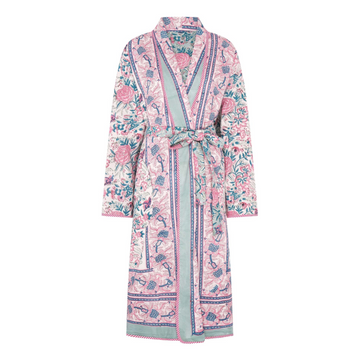 Reversible pink and green floral block printed robe