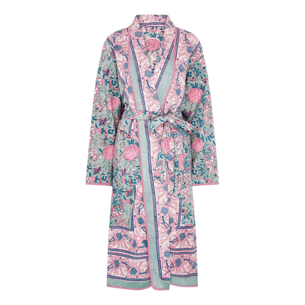 Reversible pink and green floral block printed robe