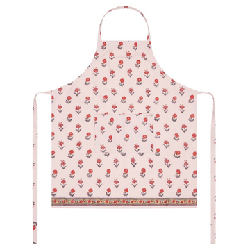 Floral patterned block printed apron on a white background