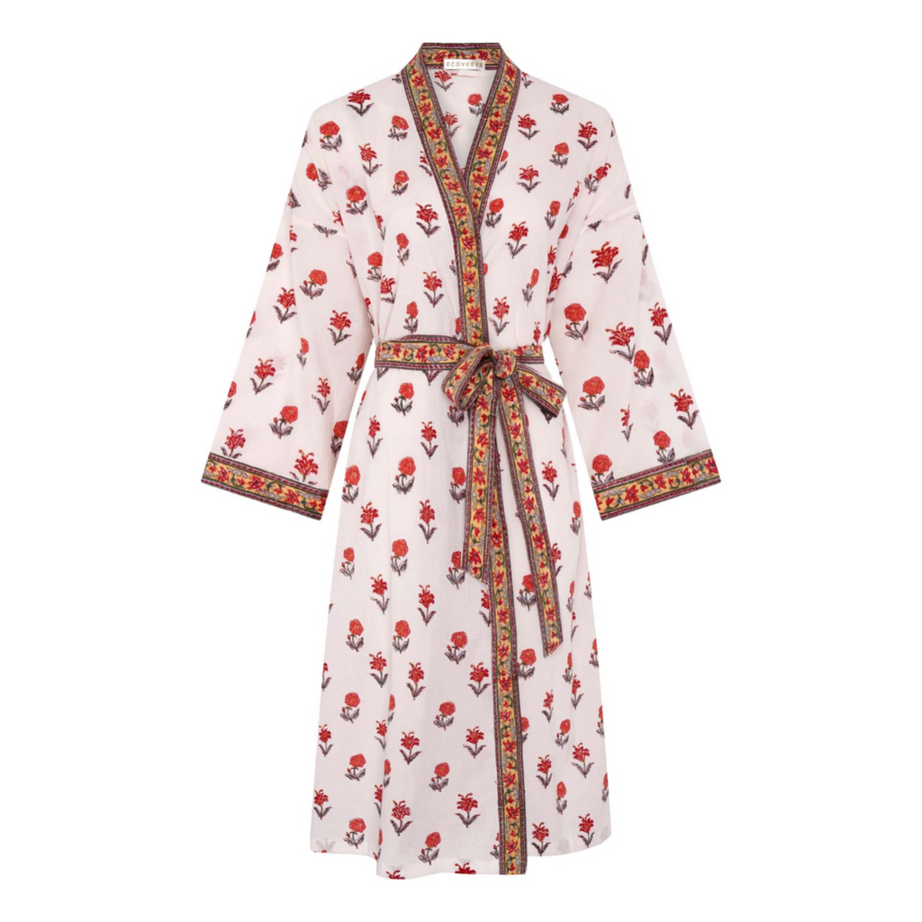 Floral block printed patterned robe with a belt on a white background