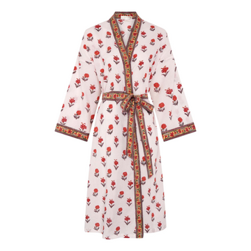 Floral block printed patterned robe with a belt on a white background