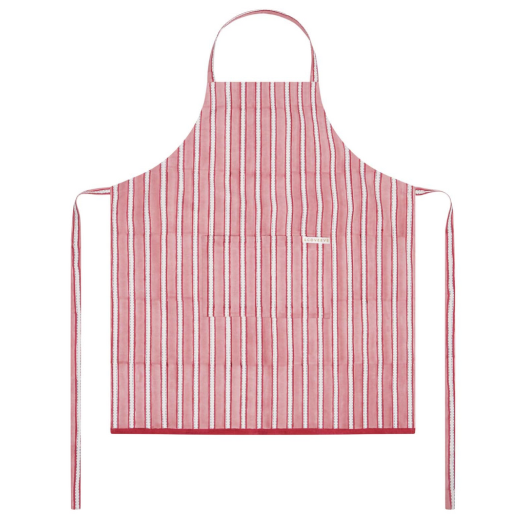 Red and white striped block printed apron on a white background