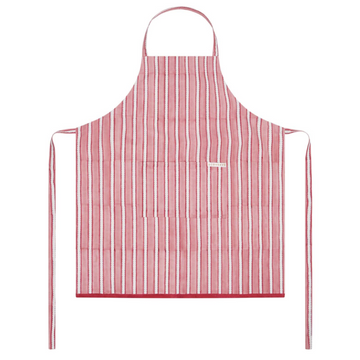Red and white striped block printed apron on a white background