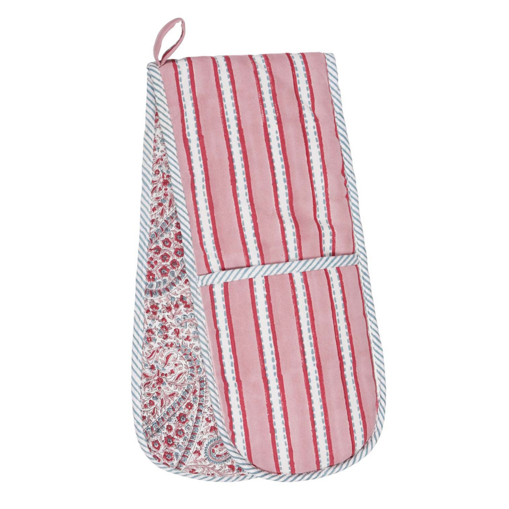 Block printed Saanjh Oven Glove in pink and blue