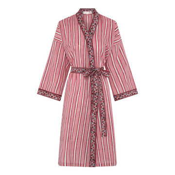 A pink and red striped dressing robe with floral print trim and a sash belt.