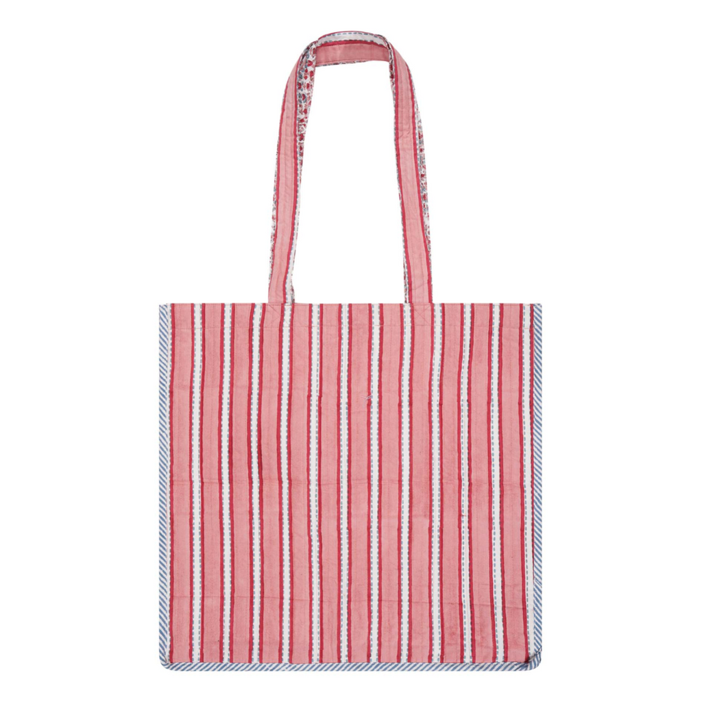 A pink striped cotton block-printed tote bag with contrast trim