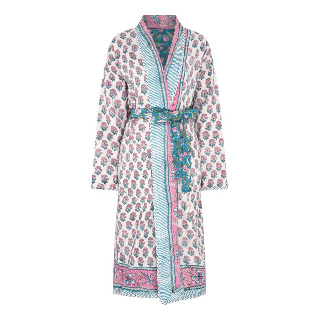 Reversible floral patterned robe with pink and green design on a white background