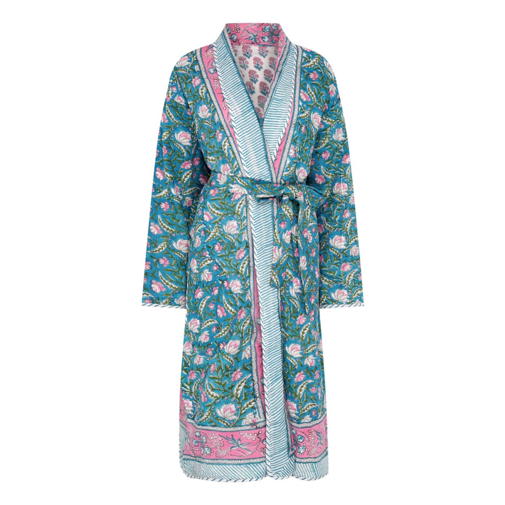 Reversible floral patterned robe with pink and green design on a white background
