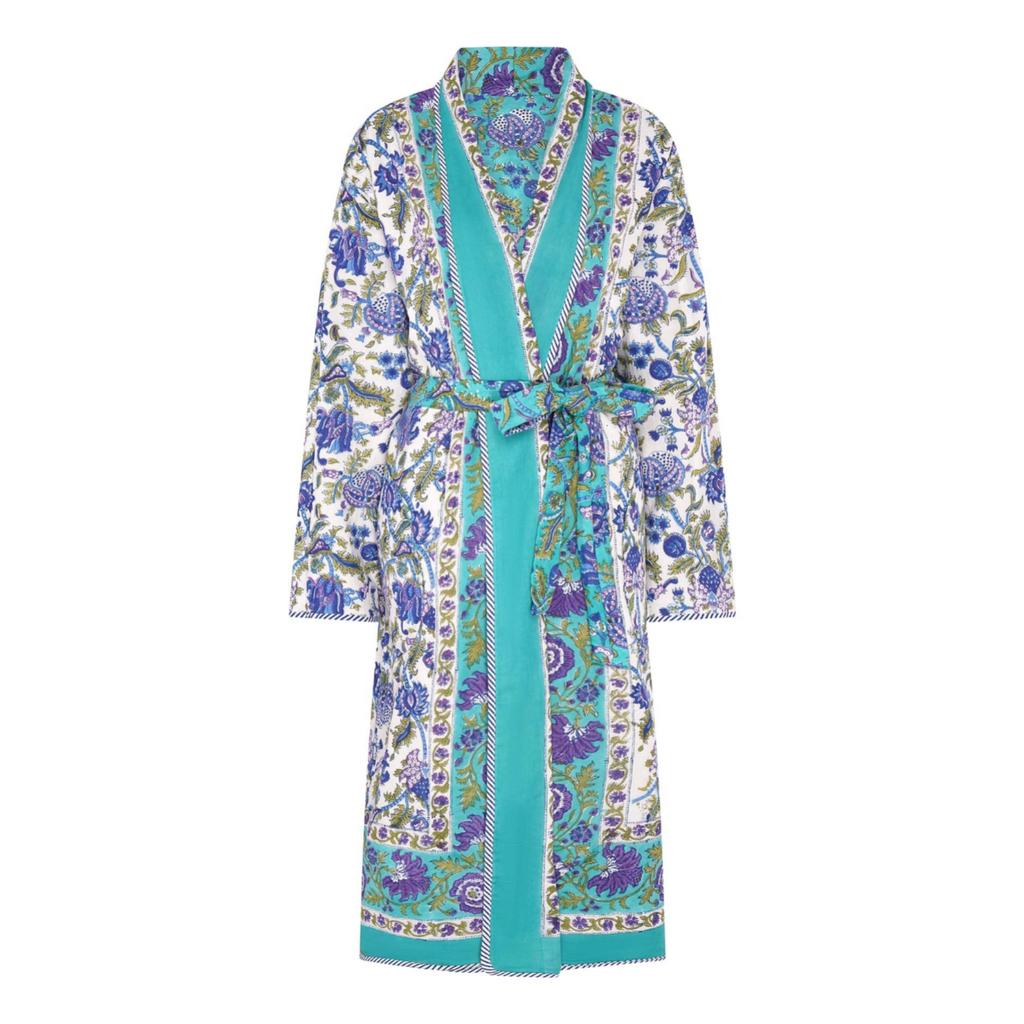 Floral patterned robe with turquoise accents on a white background