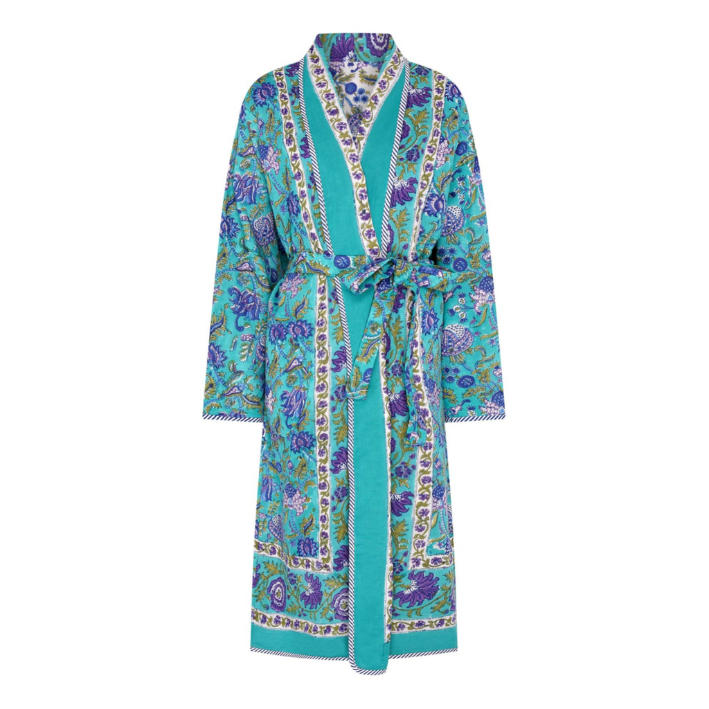 Teal patterned robe on a white background