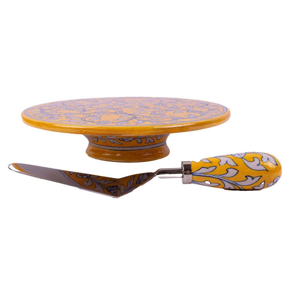 Yellow Jaipur pottery cake platter with floral design