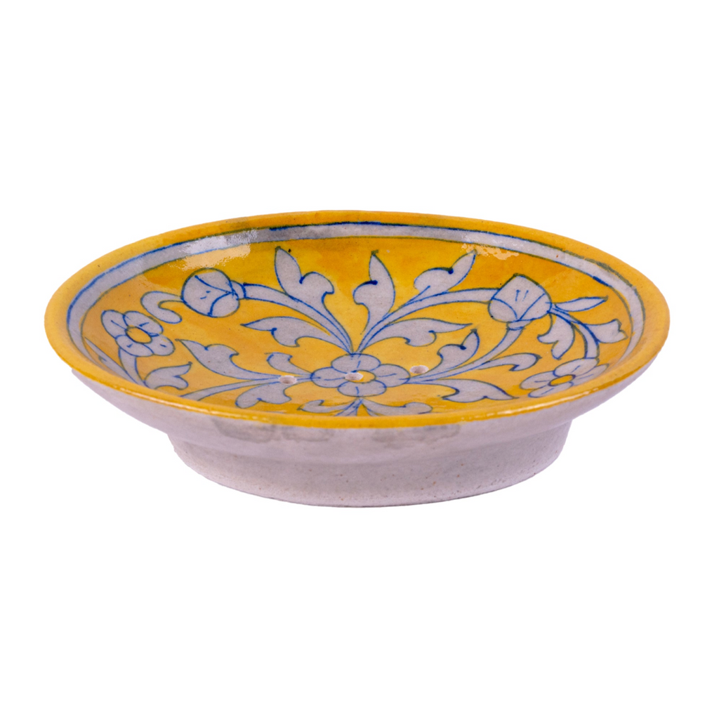 Decorative ceramic soap dish with yellow background and floral pattern